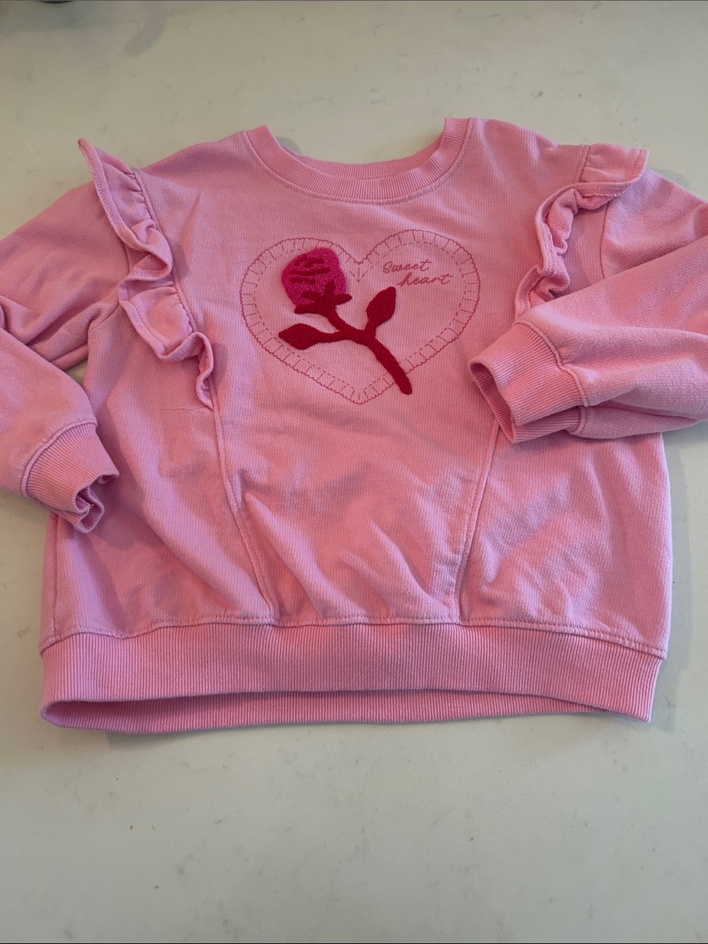 Cat & Jack Pink Ruffle Sweatshirt with Heart Rose Embroidery